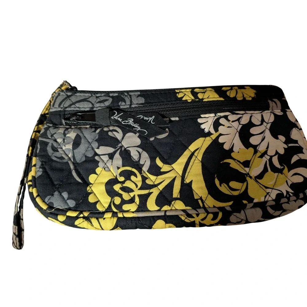 Vera Bradley Night and Day Floral Quilted Cotton Wristlet Black Yellow Gray